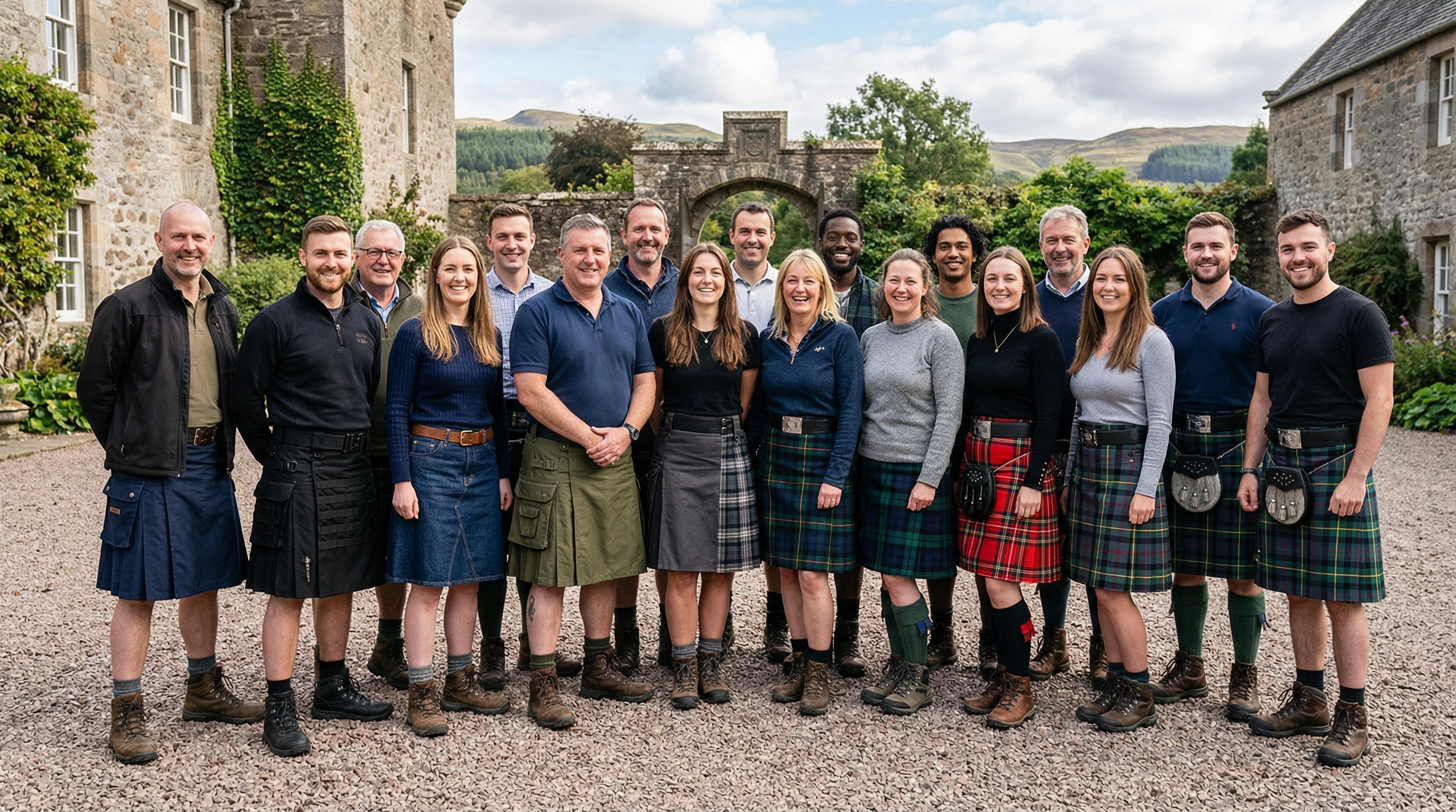 Scottish Kilt™ staff team proudly wearing a variety of the brand's kilts