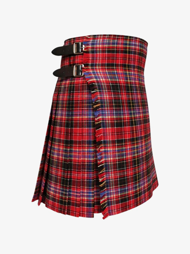 Red and black plaid kilt with a belt on a white background