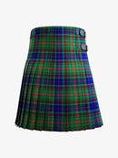 Plaid kilt with green, blue, and red pattern on a white background