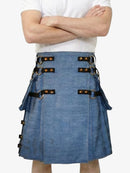 Blue denim kilt with black straps and gold buckles on a white background