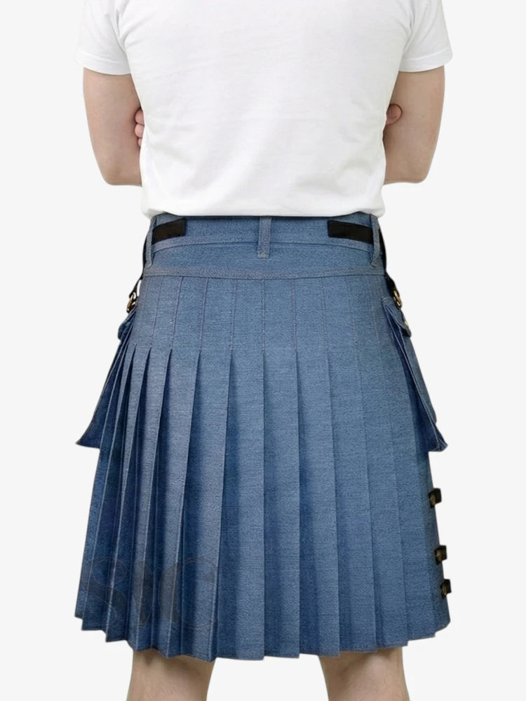 Person wearing a blue pleated kilt on a white background