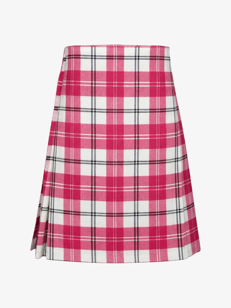 Pink and white plaid kilt on a white background