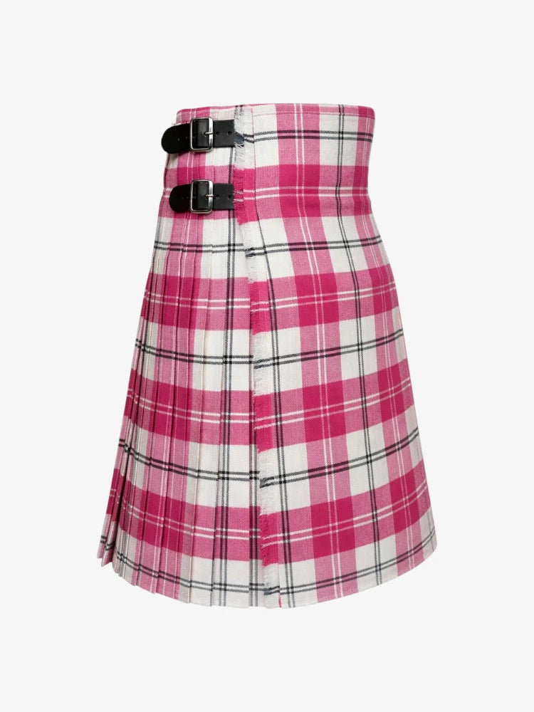 Pink and white plaid kilt with black belt on a white background
