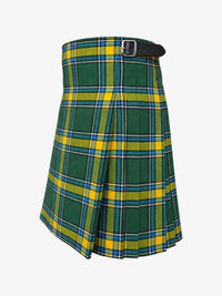 Green and yellow plaid kilt on a white background