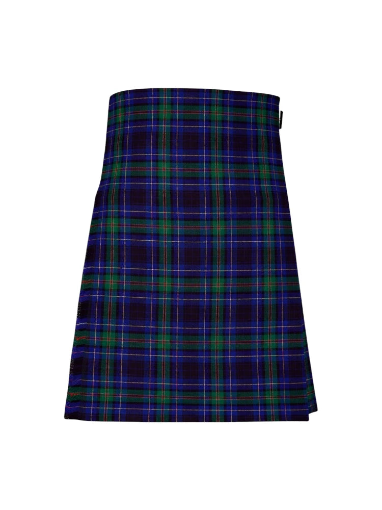 Plaid kilt with blue and green pattern on a white background