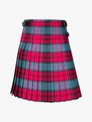 Plaid kilt with a pink and blue pattern on a white background