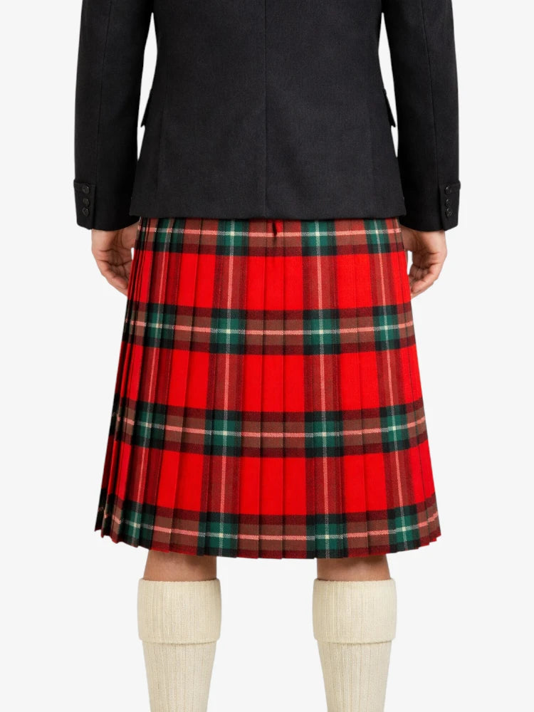 Red plaid kilt worn by a person on a white background