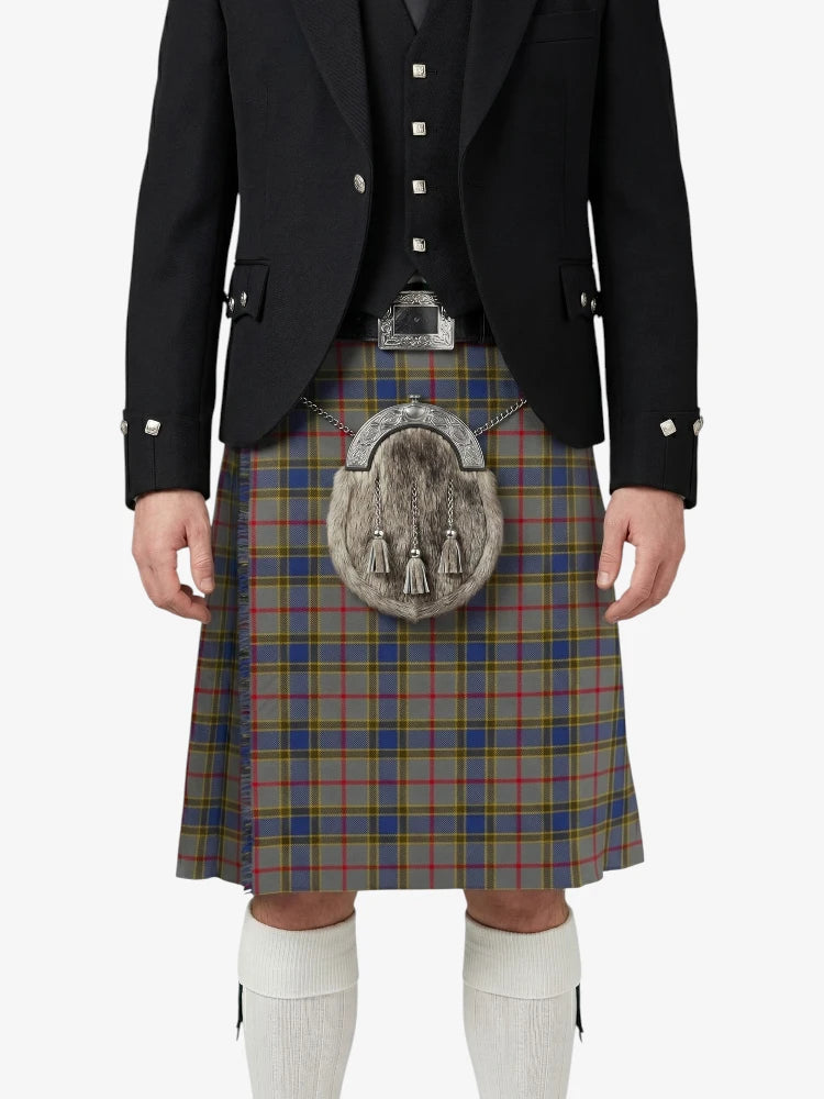 Person wearing a Scottish kilt with a tartan pattern on a white background