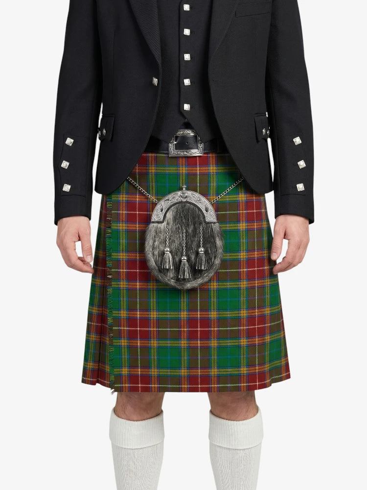 Person wearing a black jacket and red plaid kilt with a silver sporran on a white background