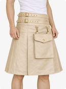 Beige skirt with gold belt and pockets on a white background