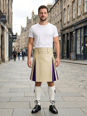 Beige Leather Kilt With Purple Pleats