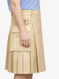 Biege Cream Genuine Leather Utility Kilt with Side Pockets