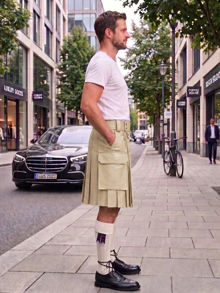 A man standing on a city sidewalk wearing a light beige pleated kilt, white t-shirt, white socks, and black leather shoes. The background shows a street with a black Mercedes-Benz car, storefronts, and a bicycle.