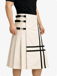 Biege Cream skirt with black straps and lines worn by a person on a white background