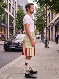 A man standing on a city sidewalk wearing a white kilt with red and white pleated detailing, a white shirt, white socks, and black shoes, with buildings, trees, and parked cars in the background.