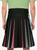Black pleated skirt with colorful side panels worn by a person.