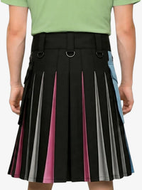 Black pleated skirt with colorful side panels worn by a person.