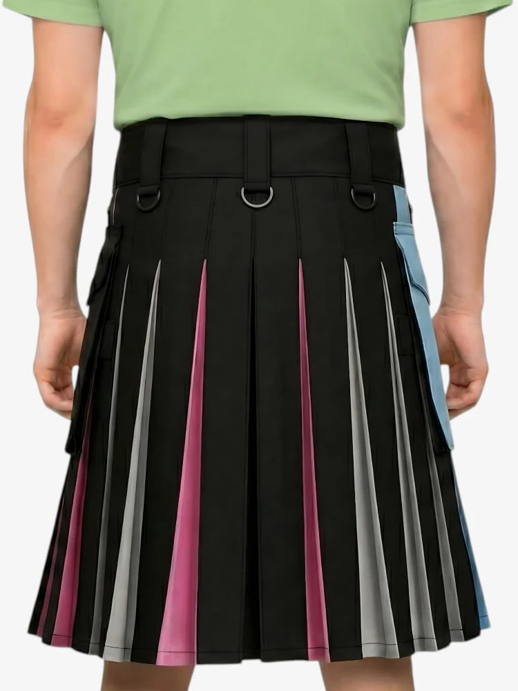 Black pleated skirt with colorful side panels worn by a person.