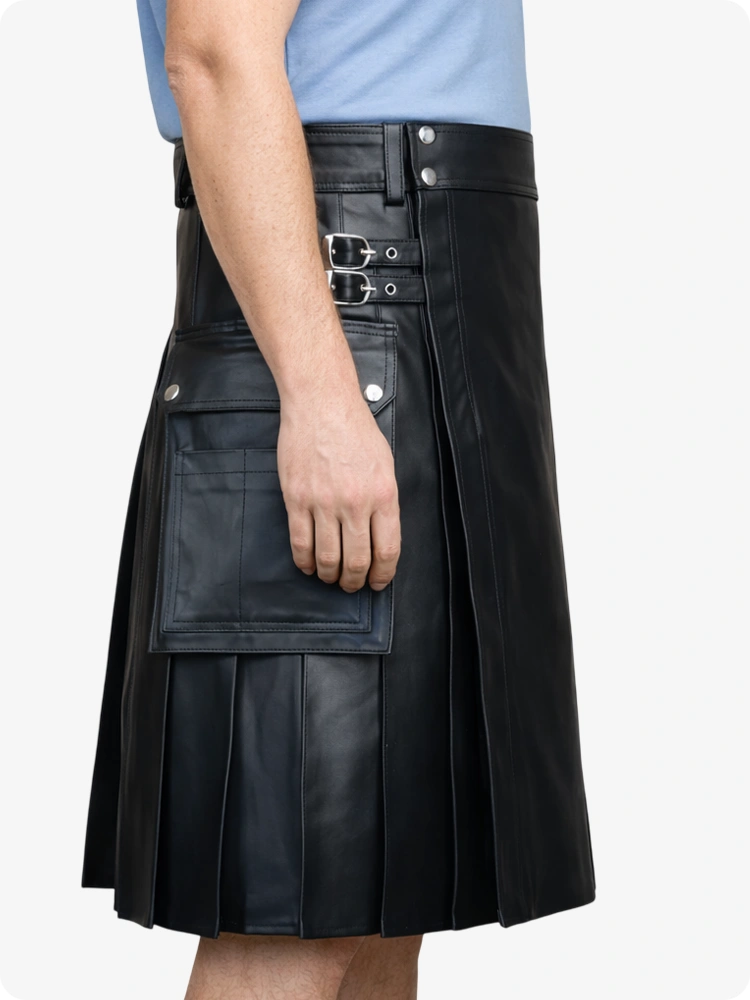 Black Genuine Leather Utility Kilt with Side Pockets