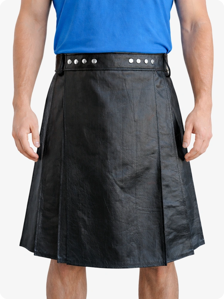 Black Genuine Leather Utility Kilt with Studded Waistband