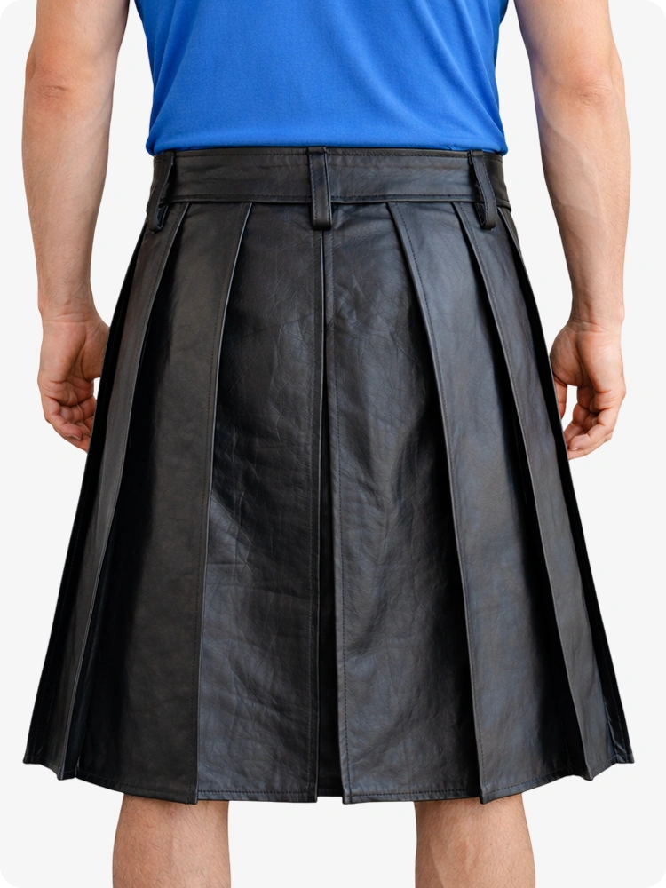 Black Genuine Leather Utility Kilt with Studded Waistband