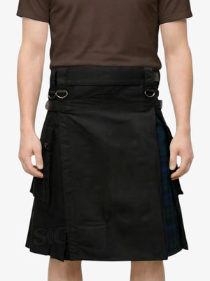 Black Hybrid Kilt with Tartan Pleats