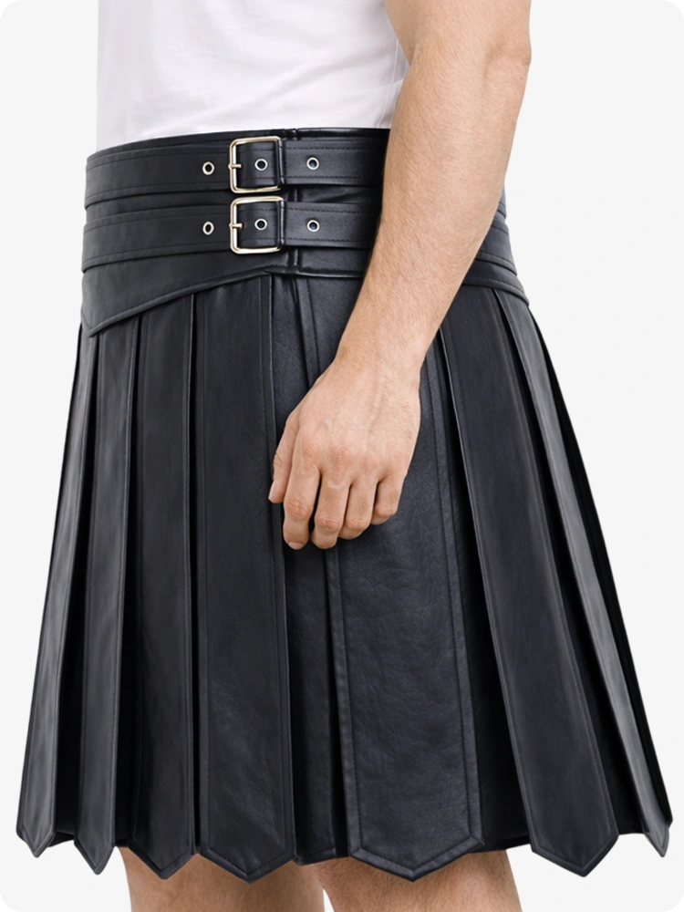 Black pleated skirt with belt on a white background