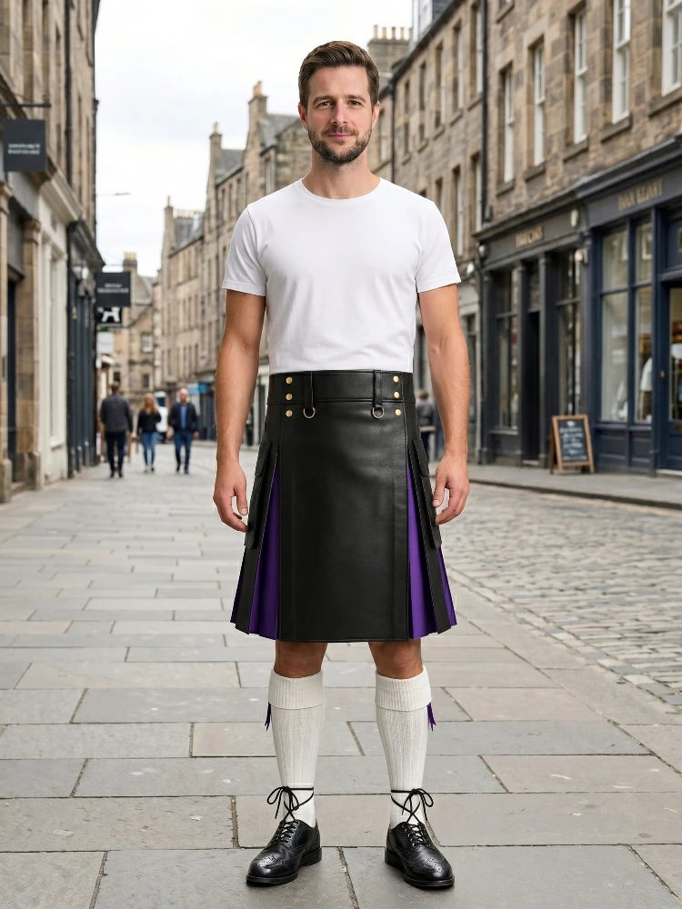 Black Leather Kilt With Purple Pleatss