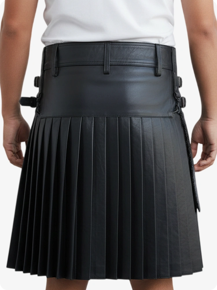 Black pleated kilt worn by a person on a white background