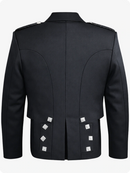 Black military-style jacket with silver buttons on a white background