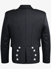 Black military-style jacket with silver buttons on a white background