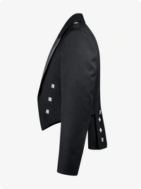 Black blazer with decorative buttons on a white background