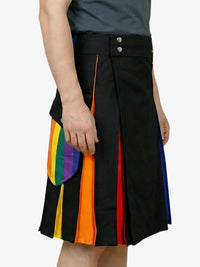 Black kilt with rainbow-colored flap held by a person on a white background