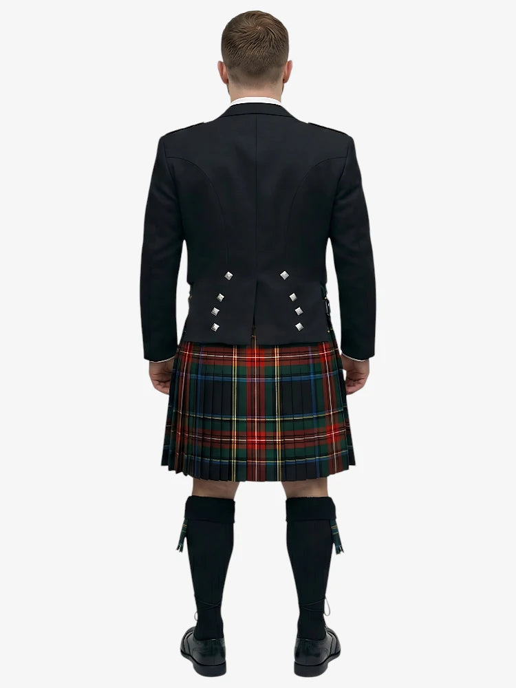 Person wearing a black prince charlie jacket and tartan black stewart tartan kilt on a white background