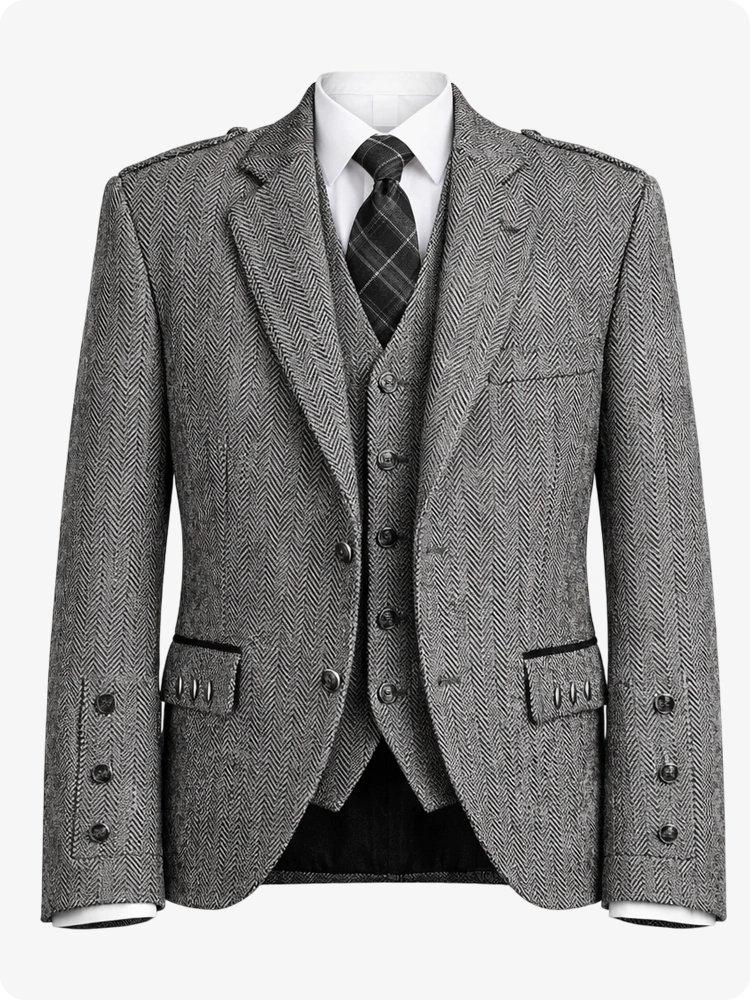 Grey Tweed Argyle Kilt Jacket With Vest