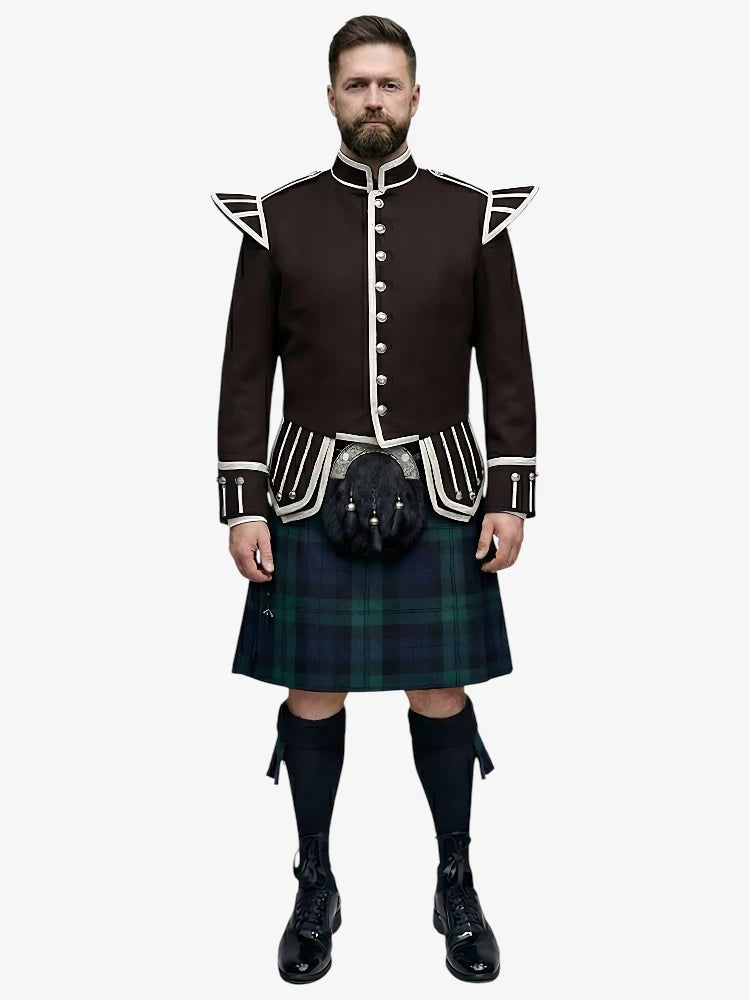 Black Watch Tartan Doublet Kilt Outfit with Dark Brown Jacket