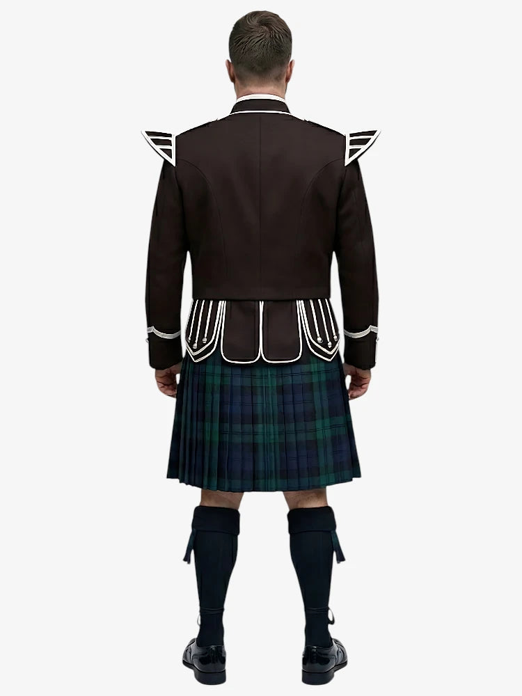Black Watch Tartan Doublet Kilt Outfit with Dark Brown Jacket