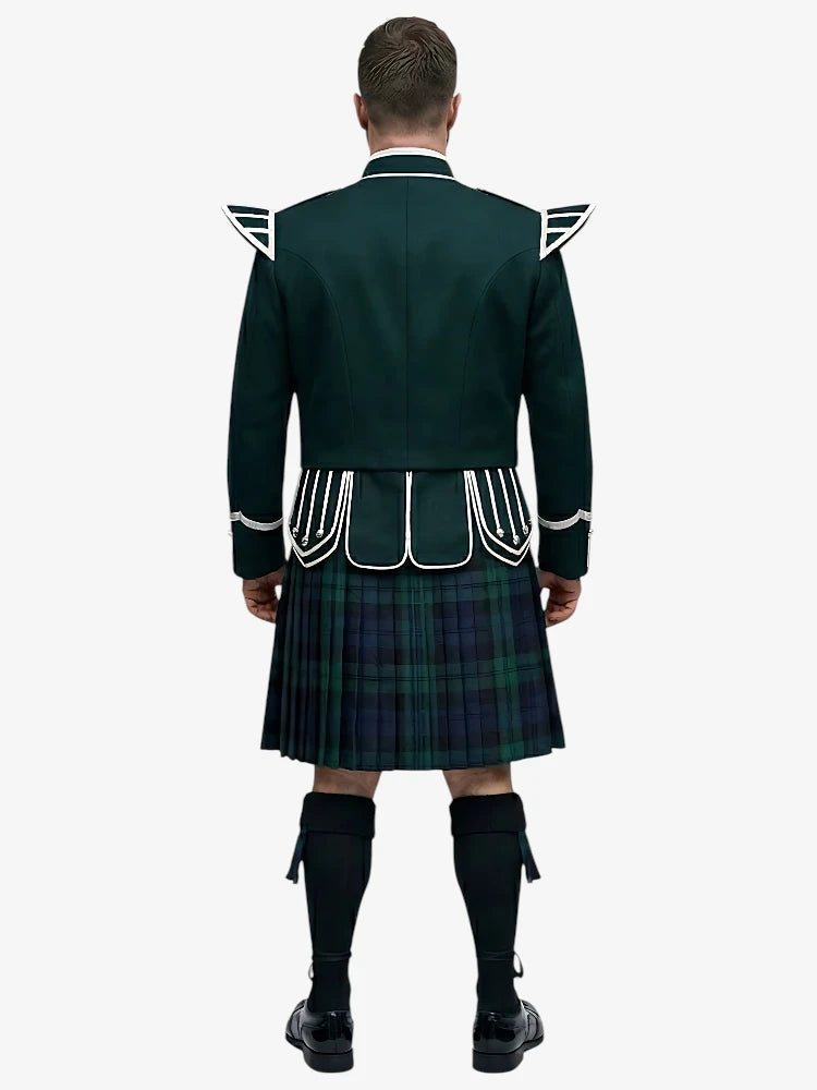 Black Watch Tartan Doublet Kilt Outfit with Dark Green Jacket