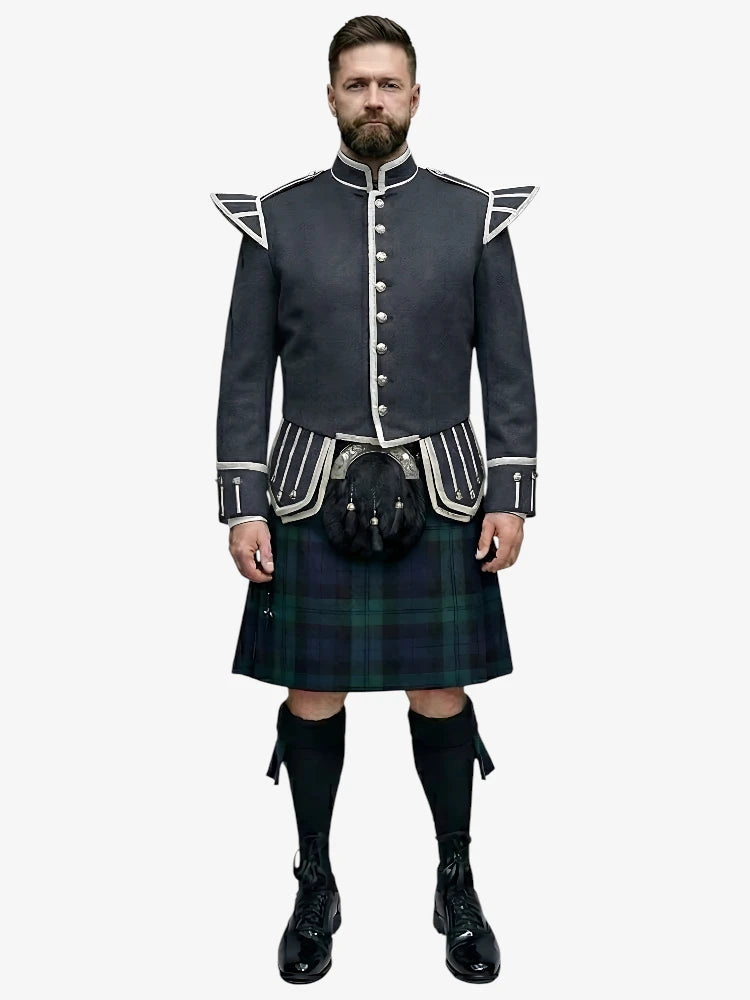 Black Watch Tartan Doublet Kilt Outfit with Dark Grey Jacket