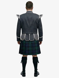 Person wearing a dark gray jacket with white accents and a black watch tartan plaid kilt on a white background