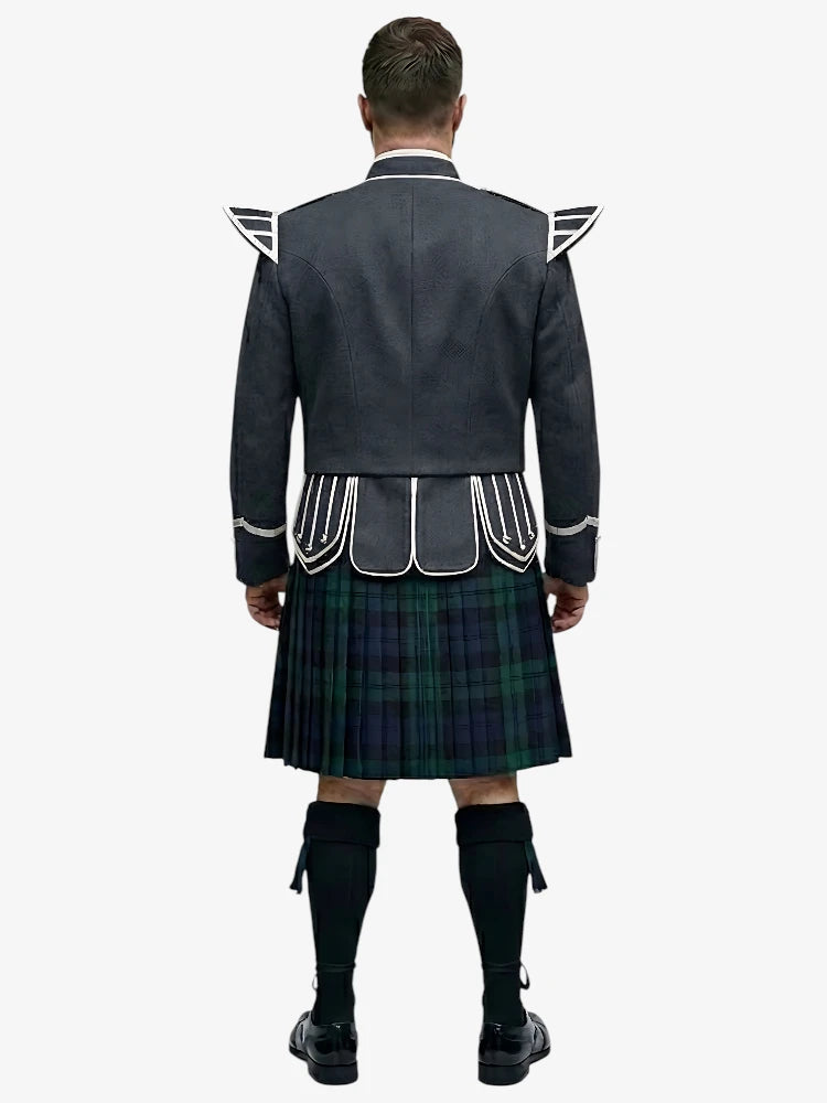 Black Watch Tartan Doublet Kilt Outfit with Dark Grey Jacket