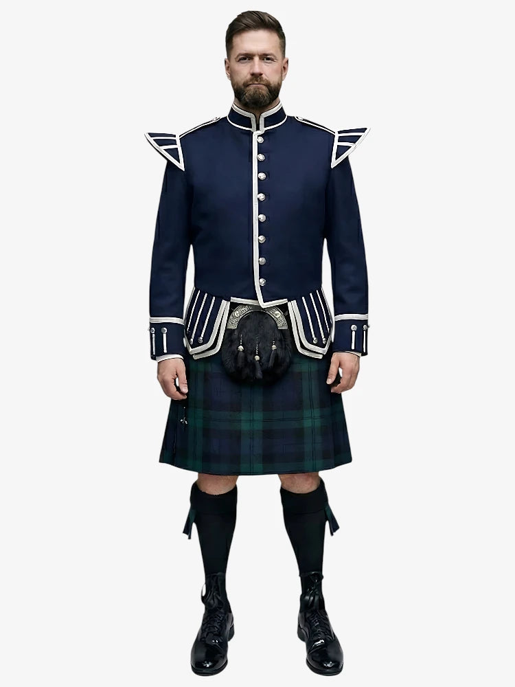 Black Watch Tartan Doublet Kilt Outfit with Navy Blue Jacket