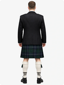 Person wearing a black blazer and plaid kilt on a white background
