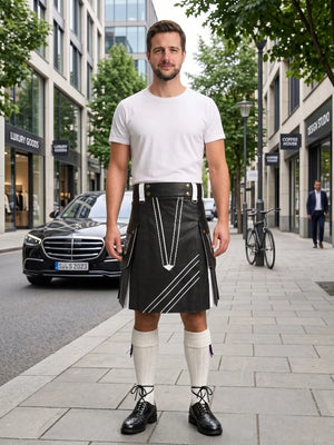 Black and White Leather Hybrid Utility Kilt