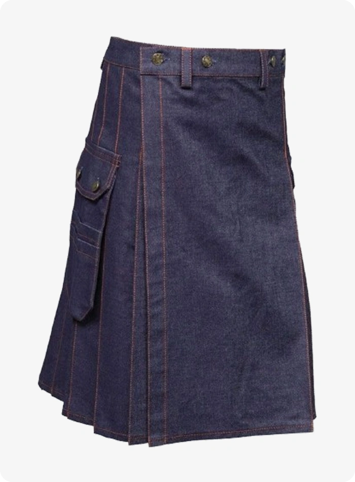 Custom Made Blue Denim Kilt With Red Thread
