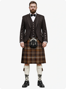 Man wearing a traditional Scottish kilt with a jacket and bow tie on a white background