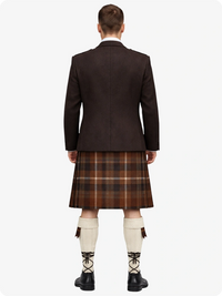 Person wearing a brown jacket and plaid kilt on a white background