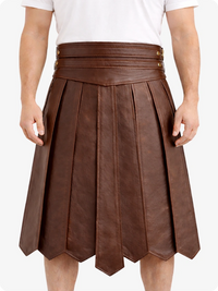 Brown leather skirt worn by a person on a white background