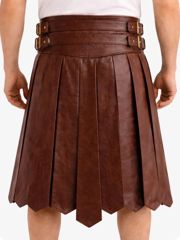 Brown leather skirt with belt and buckles on a white background