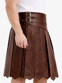 Brown leather skirt with gold belt on a white background